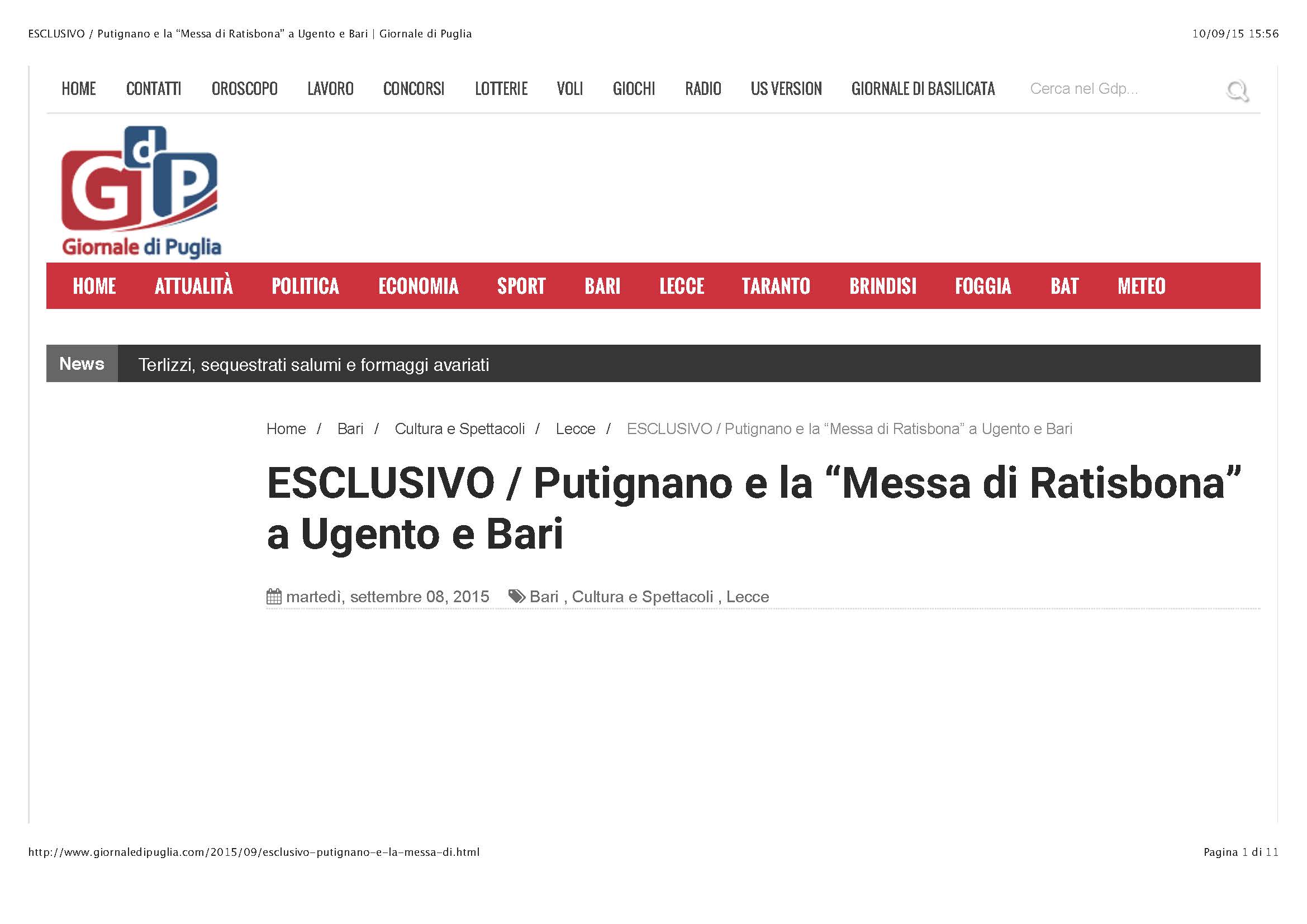 ESCLUSIVO - Putignano e la Messa di Ratisbona a Ugento e Bari  Giornale di Puglia Pagina 1